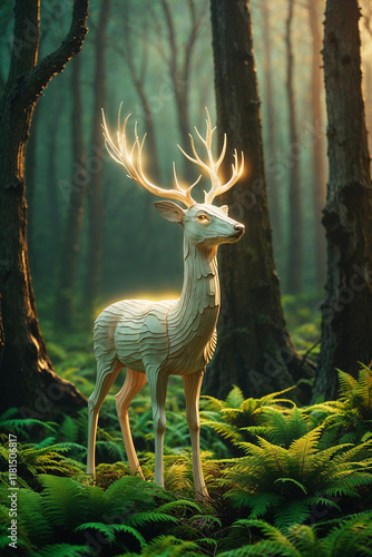 Carved Wooden Deer Sculpture in a Lush Forest Setting, Detailed Wood Grain Texture.Intricately Carved Wooden Deer Statue in a Natural Forest Environment, Close-Up Detail. photo