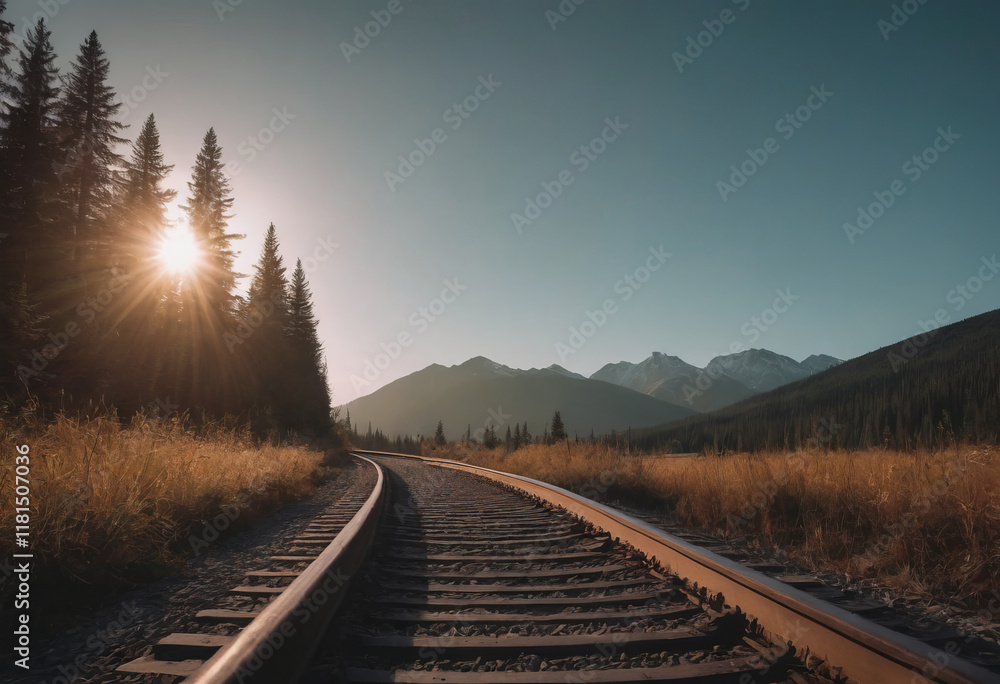 Fototapeta premium empty railway tracks mountain landscape , realistic illustration