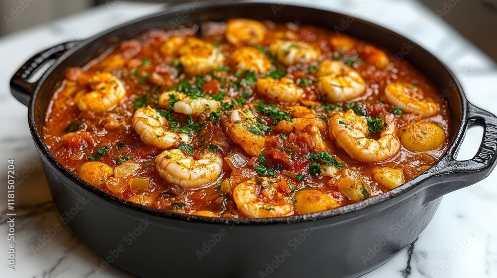 Close-up of a skillet of shrimp stew with potatoes, tomatoes, and onions, garnished with parsley. Close-up of a skillet of shrimp stew with potatoes, tomatoes, and onions, garnished with parsley.
