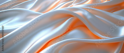 White silk fabric with subtle orange undertones creating smooth waves and elegant folds, in detailed macro texture. Generative AI. photo