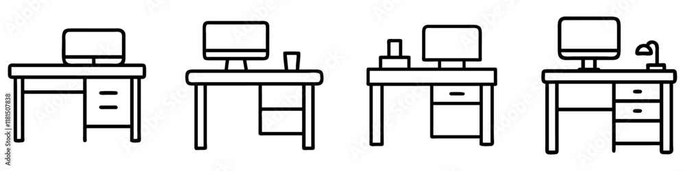 office desk icon, office line art, office vector - simple black line art icon of office desk perfect for logos, and office-themed designs. office desk icon, office line art, office vector - simple black line art icon of office desk perfect for logos, and office-themed designs.