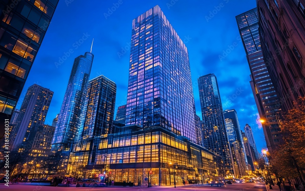 Obraz premium Modern skyscraper at twilight, city lights illuminate the building's sleek architecture. Stunning urban cityscape at night.