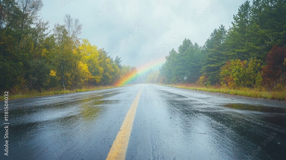 Wet asphalt road through autumn forest with rainbow after rain. Wet asphalt road through autumn forest with rainbow after rain.