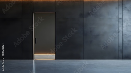 A modern glass door with sleek, black metal frame, opening to an empty room with no text or logo.