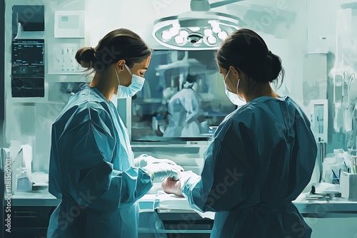 Doctor and nurse during birthmark removal dermatologic surgery in aesthetic medical clinic