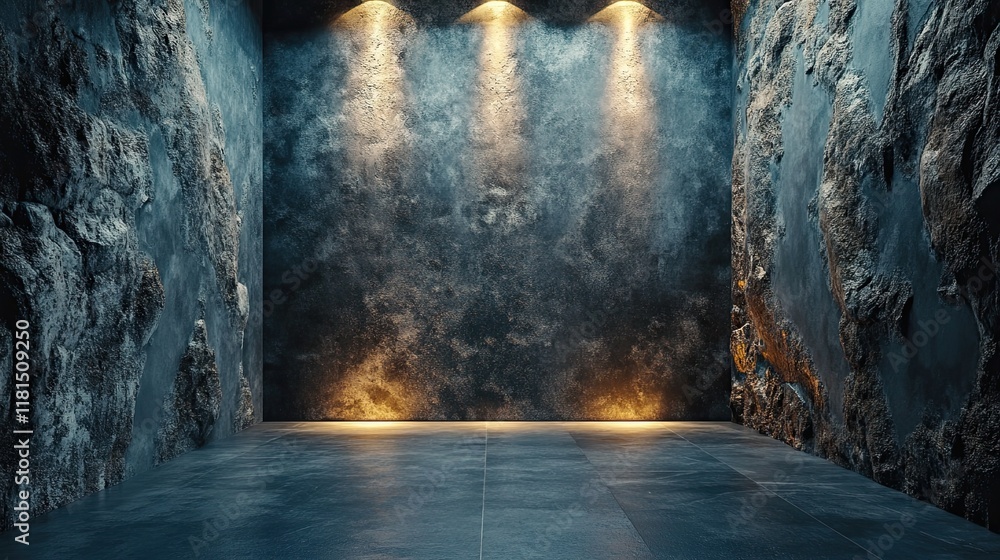 A dimly lit room with a stone-textured wall and cement flooring. A dimly lit room with a stone-textured wall and cement flooring.
