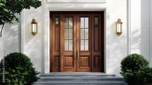 A grand wooden double door with glass windows, located in a minimalist setting.