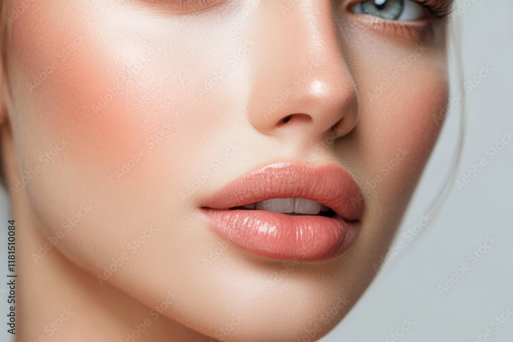 Obraz premium Close-up of a woman's face featuring perfectly smooth skin and defined lips in a bright, neutral setting