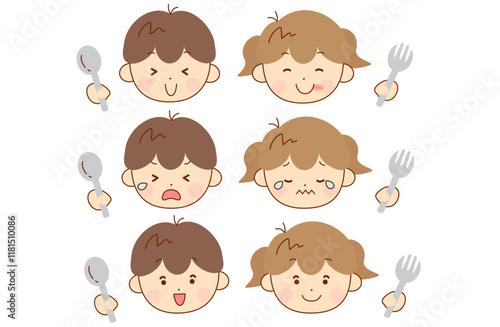 食事中の男の子と女の子の表情セット