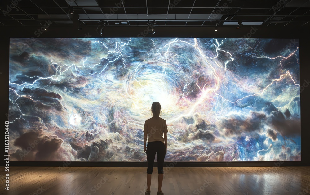 Fototapeta premium A person stands before a massive, mesmerizing digital artwork depicting a swirling nebula with vibrant lightning. Awe-inspiring cosmic scene.