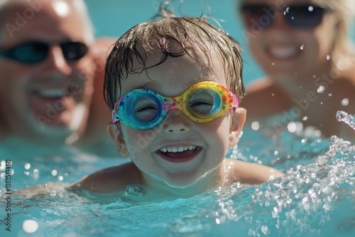 Joyful child swimming with colorful goggles family pool setting learning to swim fun water environment close-up view happy childhood experience photo