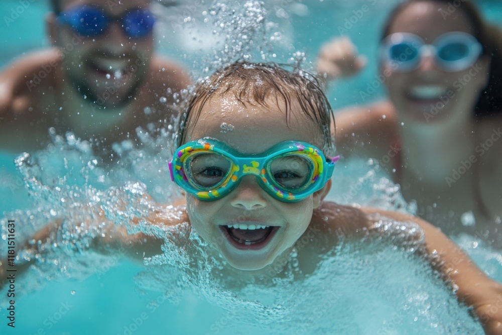 Naklejka premium Child learning to swim with colorful goggles in a family pool joyful moments underwater fun and safety in aquatic environment