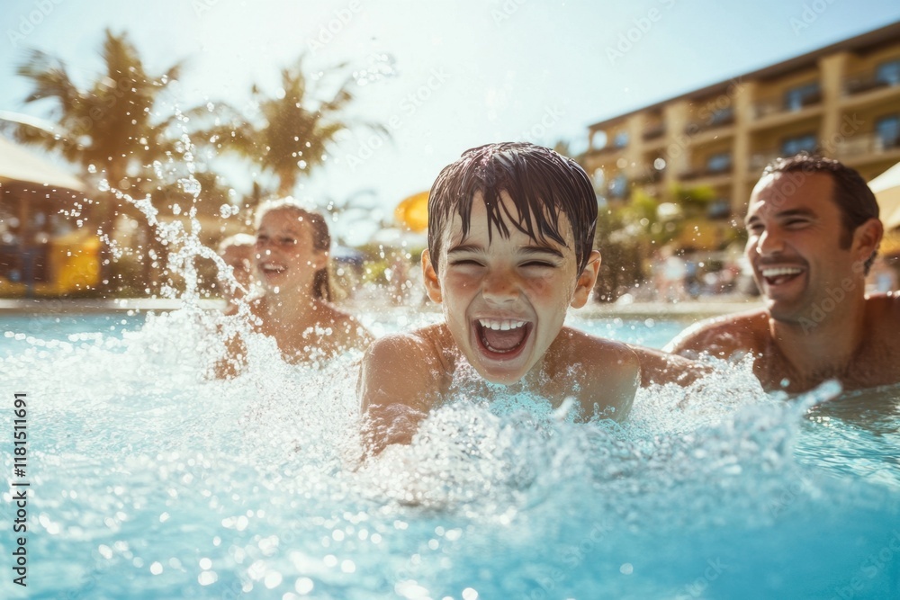 Family enjoying fun water games while swimming together at a hotel poolside sunny day joyful atmosphere relaxed environment close-up viewpoint concept of family bonding Family enjoying fun water games while swimming together at a hotel poolside sunny day joyful atmosphere relaxed environment close-up viewpoint concept of family bonding
