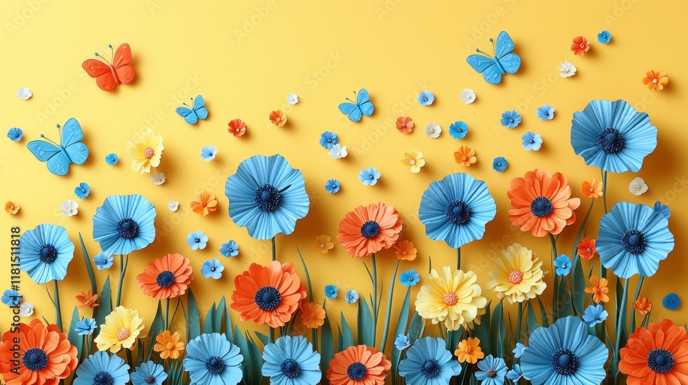 Fototapeta premium Vibrant Spring Meadow: Paper Flowers and Butterflies