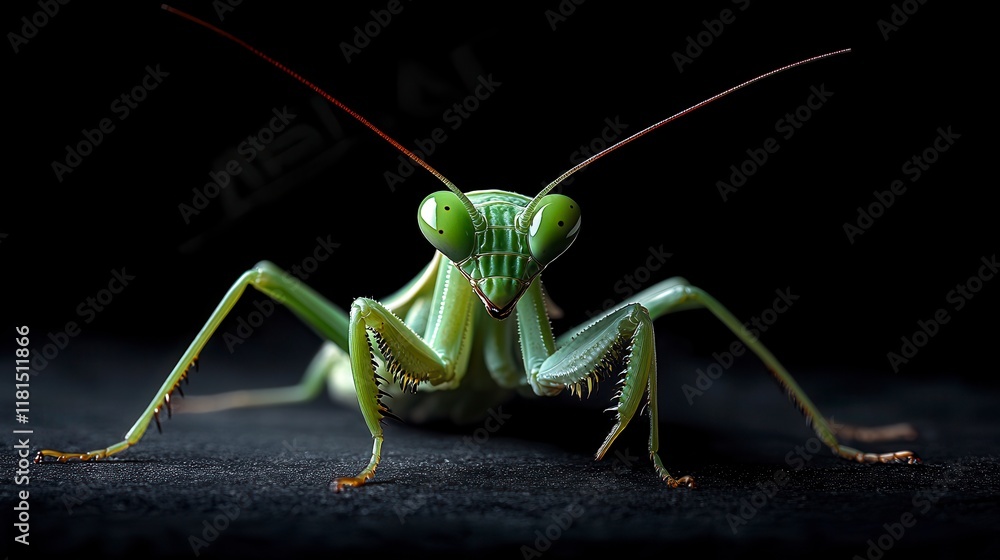 Close-up of a vibrant green praying mantis on a dark surface, its large eyes and detailed features sharply in focus against a black background. Close-up of a vibrant green praying mantis on a dark surface, its large eyes and detailed features sharply in focus against a black background.