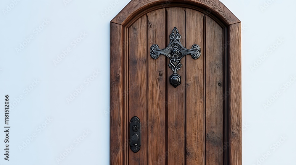 A wooden door with a decorative wrought-iron handle, situated against a white backdrop. A wooden door with a decorative wrought-iron handle, situated against a white backdrop.