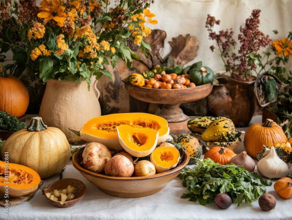 Fresh Harvest Table with Flowers and Produce Fresh Harvest Table with Flowers and Produce