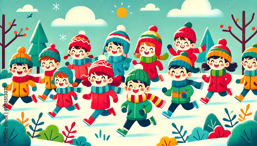 Naklejka premium 冬の野原を走る笑顔の子どもたちの楽しいイラスト