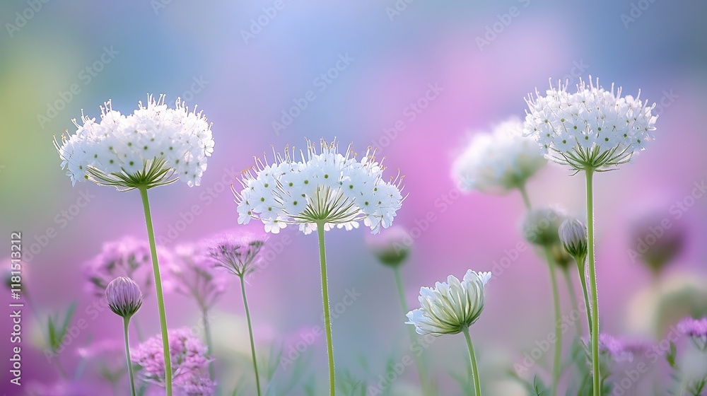Fototapeta premium Cluster of Queen Annes Lace flowers in a wildflower meadow with soft natural light enhancing the delicate blooms