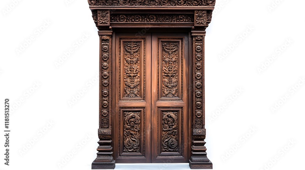 Fototapeta premium A vintage wooden door with intricate carving details on a plain white background.