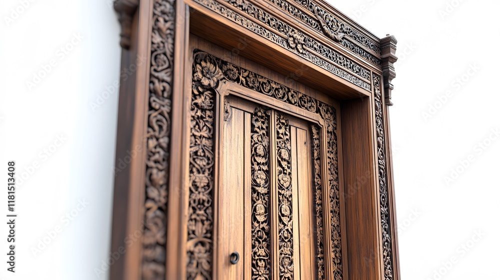 Obraz premium A vintage wooden door with intricate carving details on a plain white background.