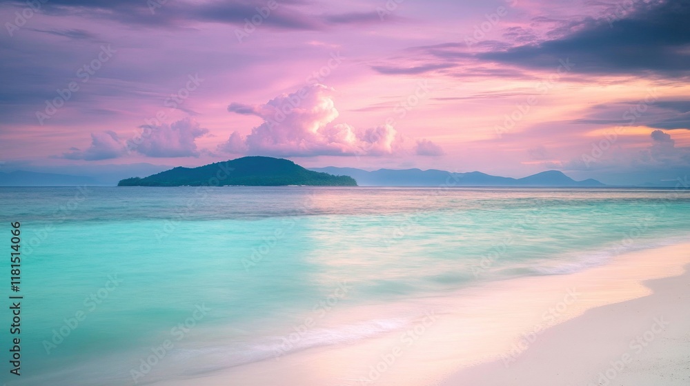 Naklejka premium Tropical sunset beach island seascape, calm ocean waves, idyllic vacation