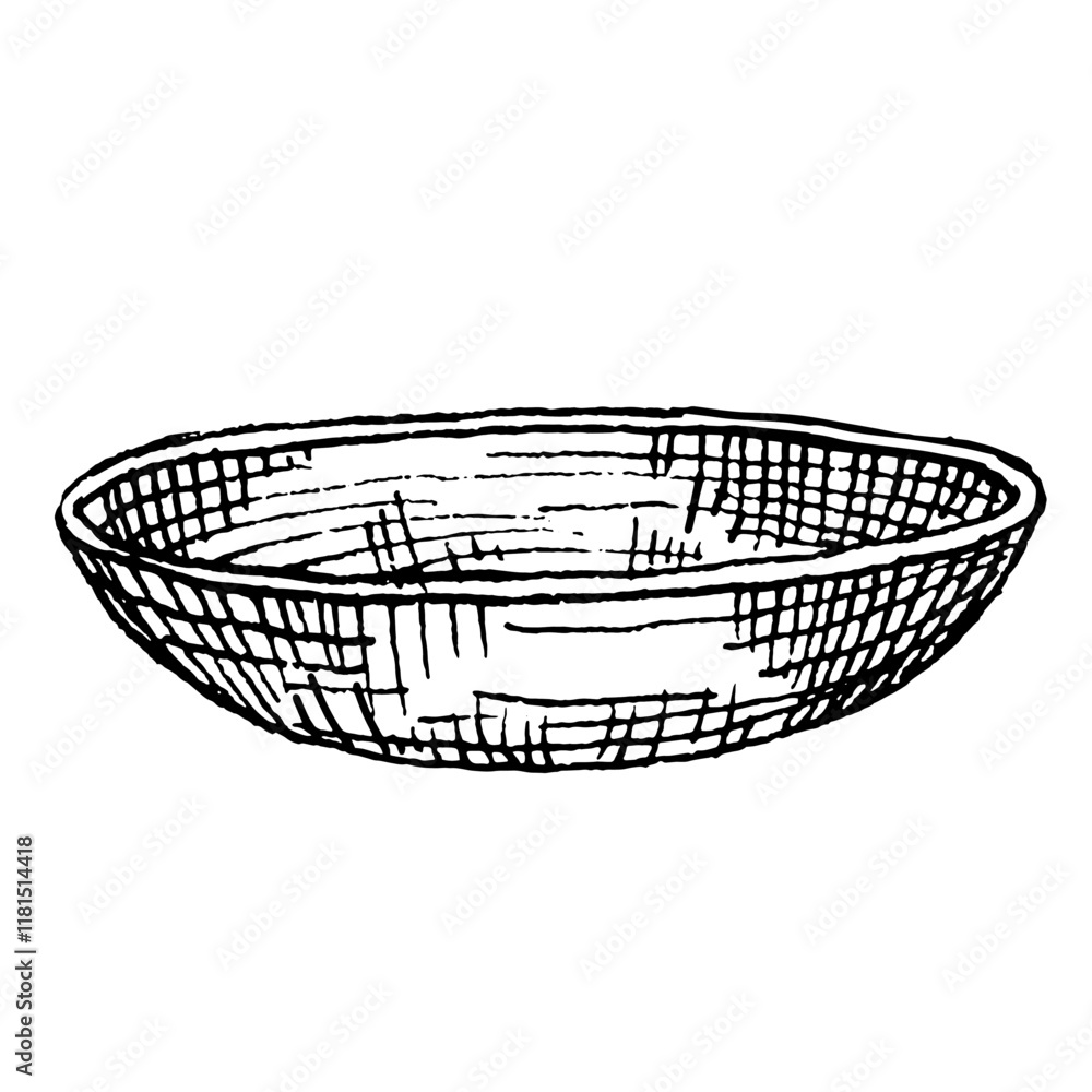 Obraz premium Plate, bowl, cup, vector illustration, hand drawn. Ceramic or glass plate. Salad bowl. Serving utensils Kitchen utensils