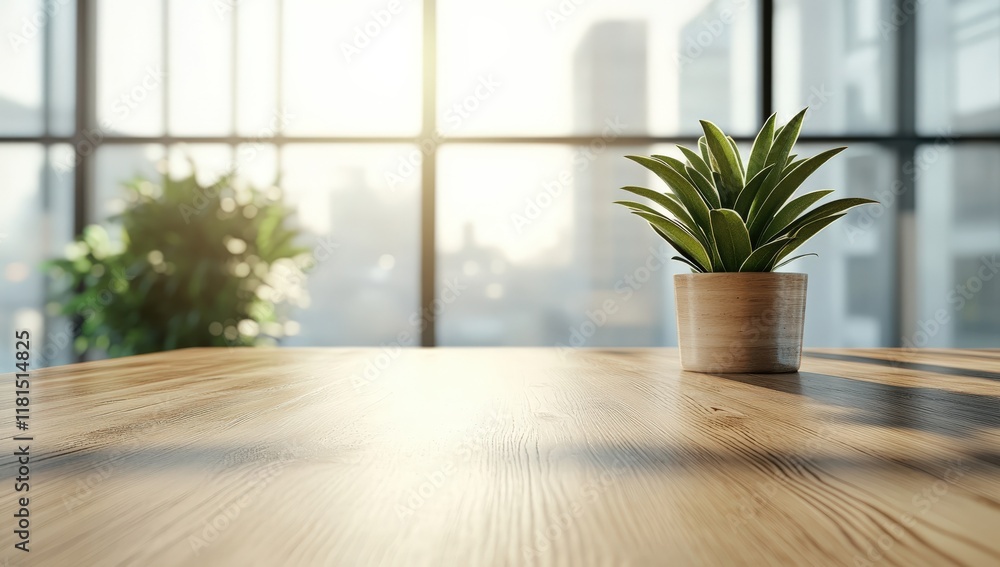 A wooden table is empty in an office with a blurred background A wooden table is empty in an office with a blurred background