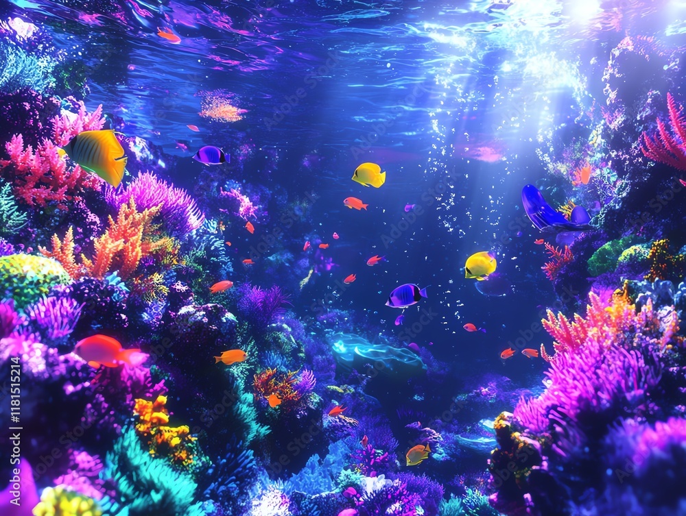 Fototapeta premium Vibrant coral reef teeming with colorful fish and sunlight beams. Perfect for marine life, ocean, and underwater themes.