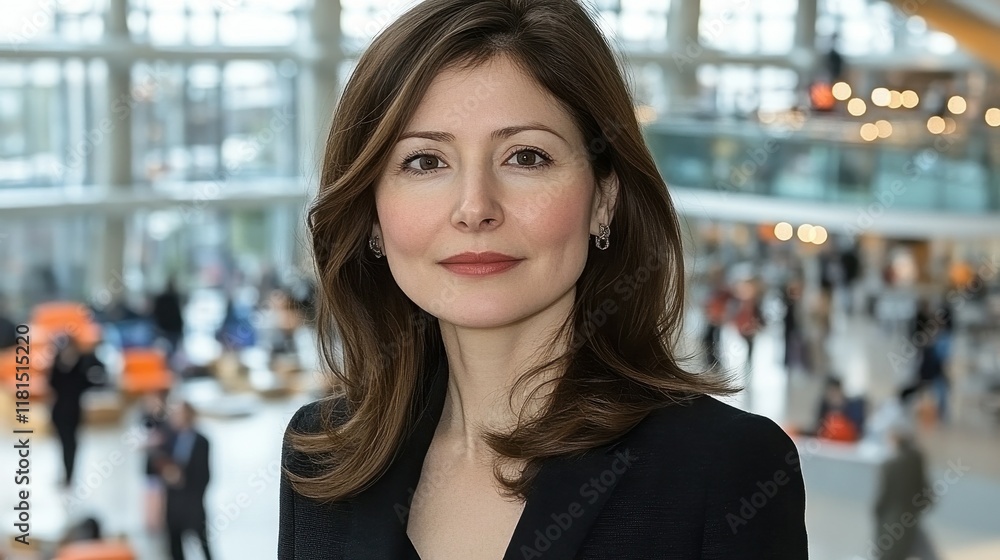 A woman in a black suit stands in a large room with many people. She is smiling and she is confident A woman in a black suit stands in a large room with many people. She is smiling and she is confident