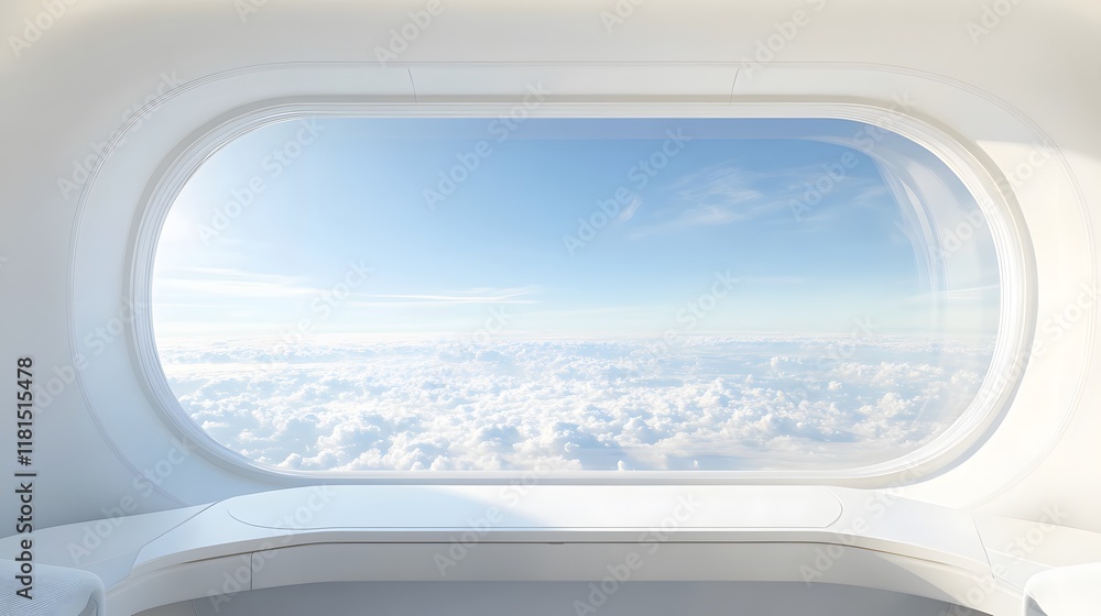 A large, panoramic window offering a view of a clear white sky. A large, panoramic window offering a view of a clear white sky.
