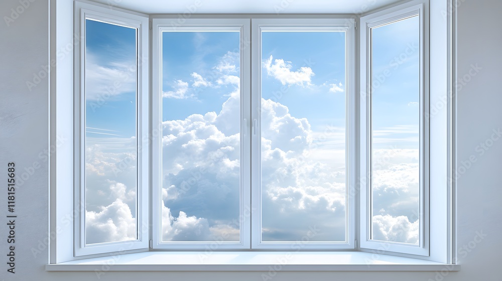 Naklejka premium A large, panoramic window offering a view of a clear white sky.