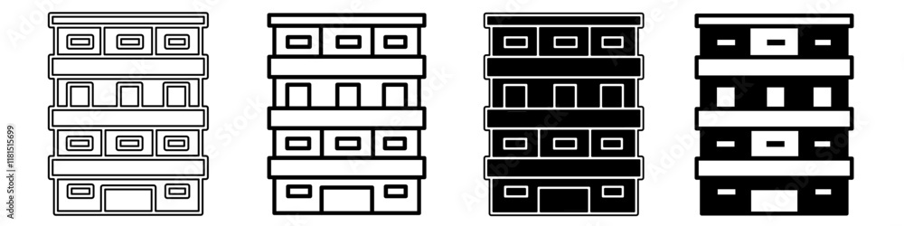 Black and white illustration of a building. Building icon collection with line. Stock vector illustration. Black and white illustration of a building. Building icon collection with line. Stock vector illustration.