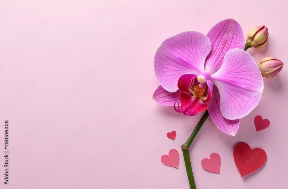 Festive Valentine's Day layout concept with homemade chocolate hearts, orchid, white sheet template with love elements and free space for text on light pink background vertically Festive Valentine's Day layout concept with homemade chocolate hearts, orchid, white sheet template with love elements and free space for text on light pink background vertically