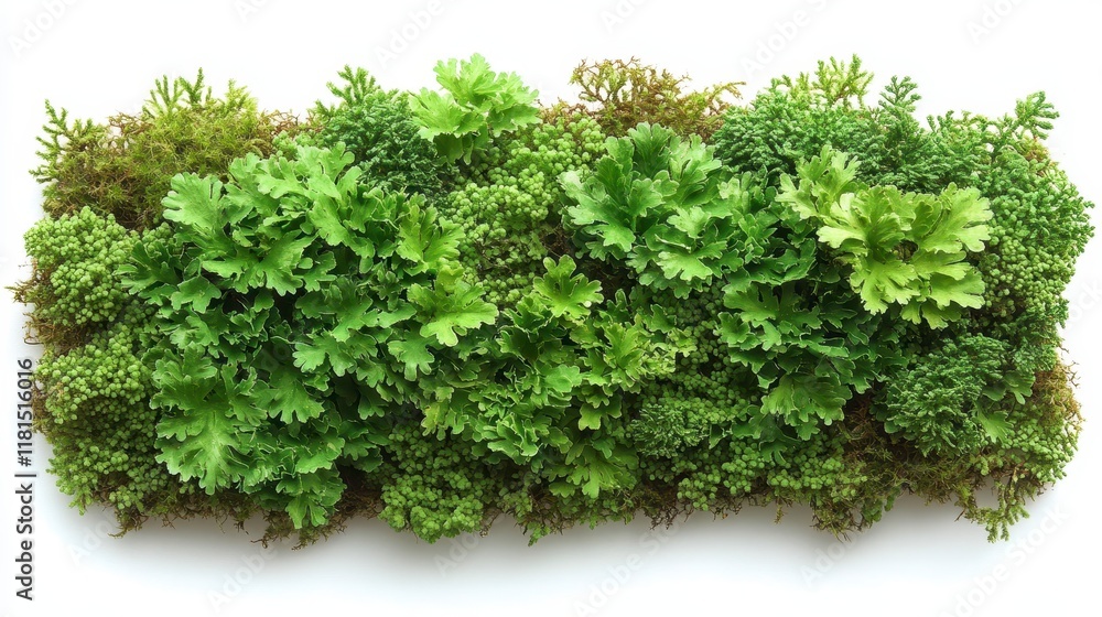 Lush green moss and fern arrangement on white background. Lush green moss and fern arrangement on white background.