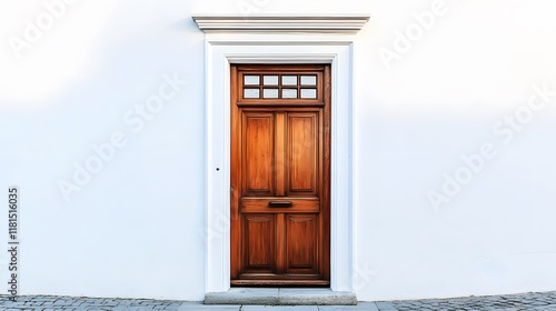 A traditional wooden door with a small window at the top, surrounded by a white wall.