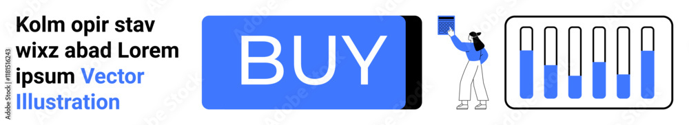 Blue BUY button, silhouette of a person interacting with an interface, vertical progress bars. Ideal for user interface, web design, e-commerce, mobile apps, online shopping, digital marketing Blue BUY button, silhouette of a person interacting with an interface, vertical progress bars. Ideal for user interface, web design, e-commerce, mobile apps, online shopping, digital marketing