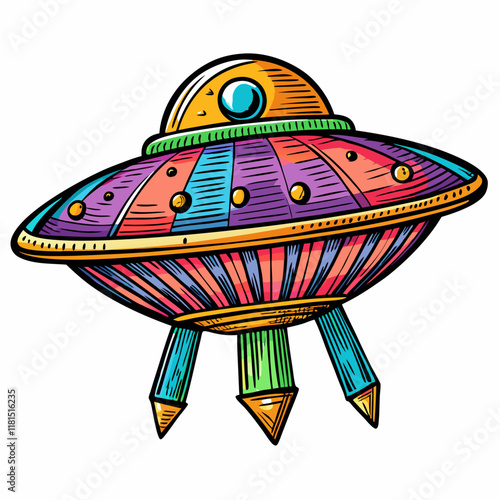 Colorful Retro UFO Illustration with Vibrant Details and Vintage Style