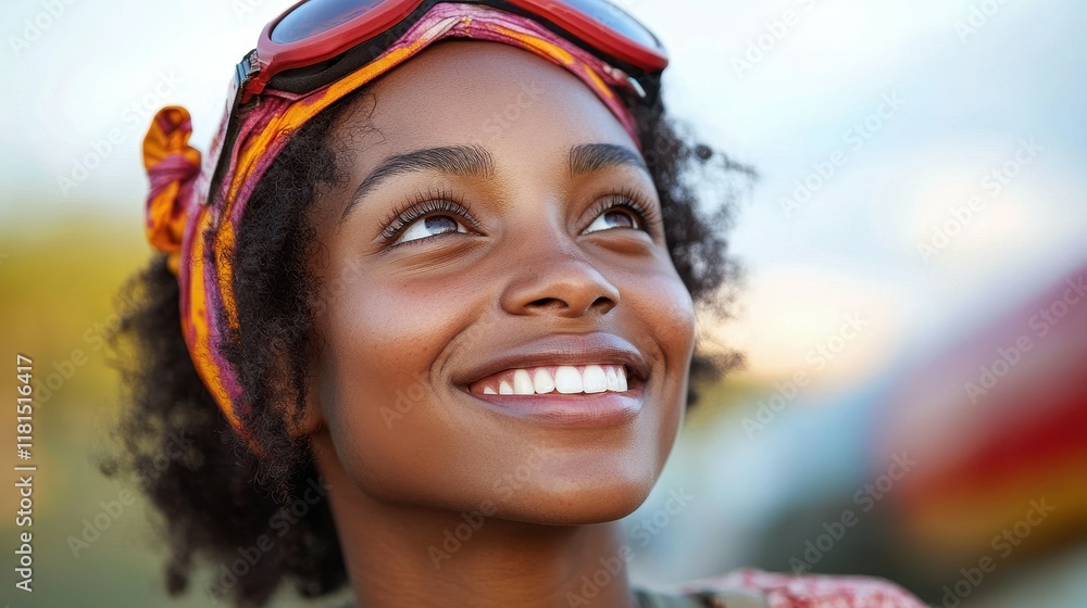 Fototapeta premium A woman with a colorful headband and sunglasses is smiling. She has a bright, happy expression on her face