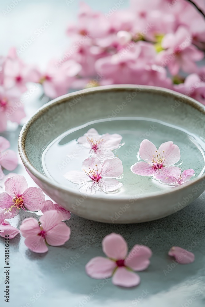 a bowl filled with water and floating flowers. beautiful atmosphere a bowl filled with water and floating flowers. beautiful atmosphere