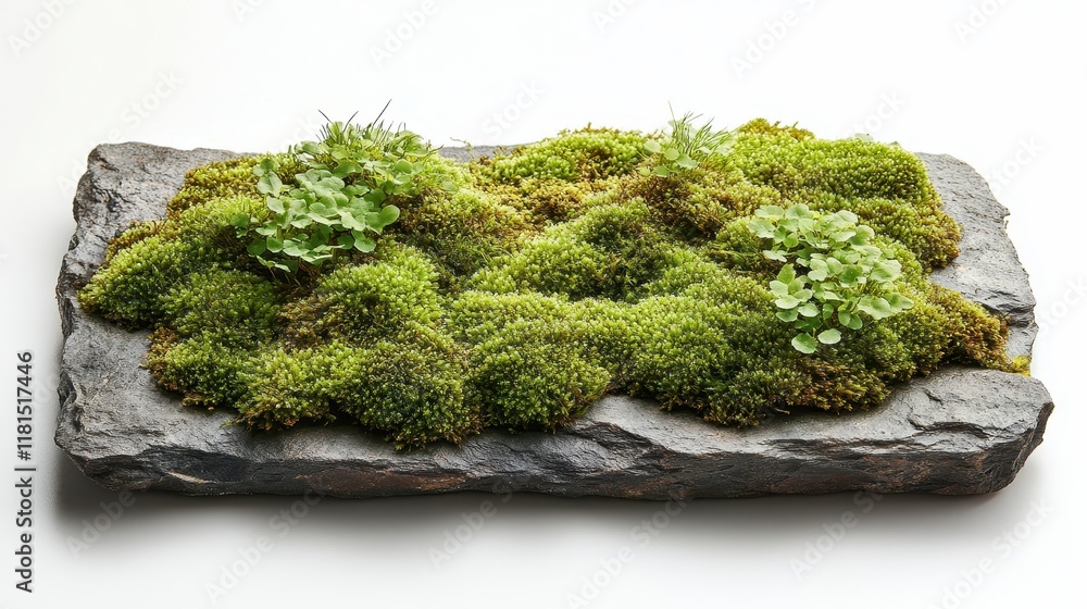 Lush green moss terrarium on dark grey slate. Lush green moss terrarium on dark grey slate.