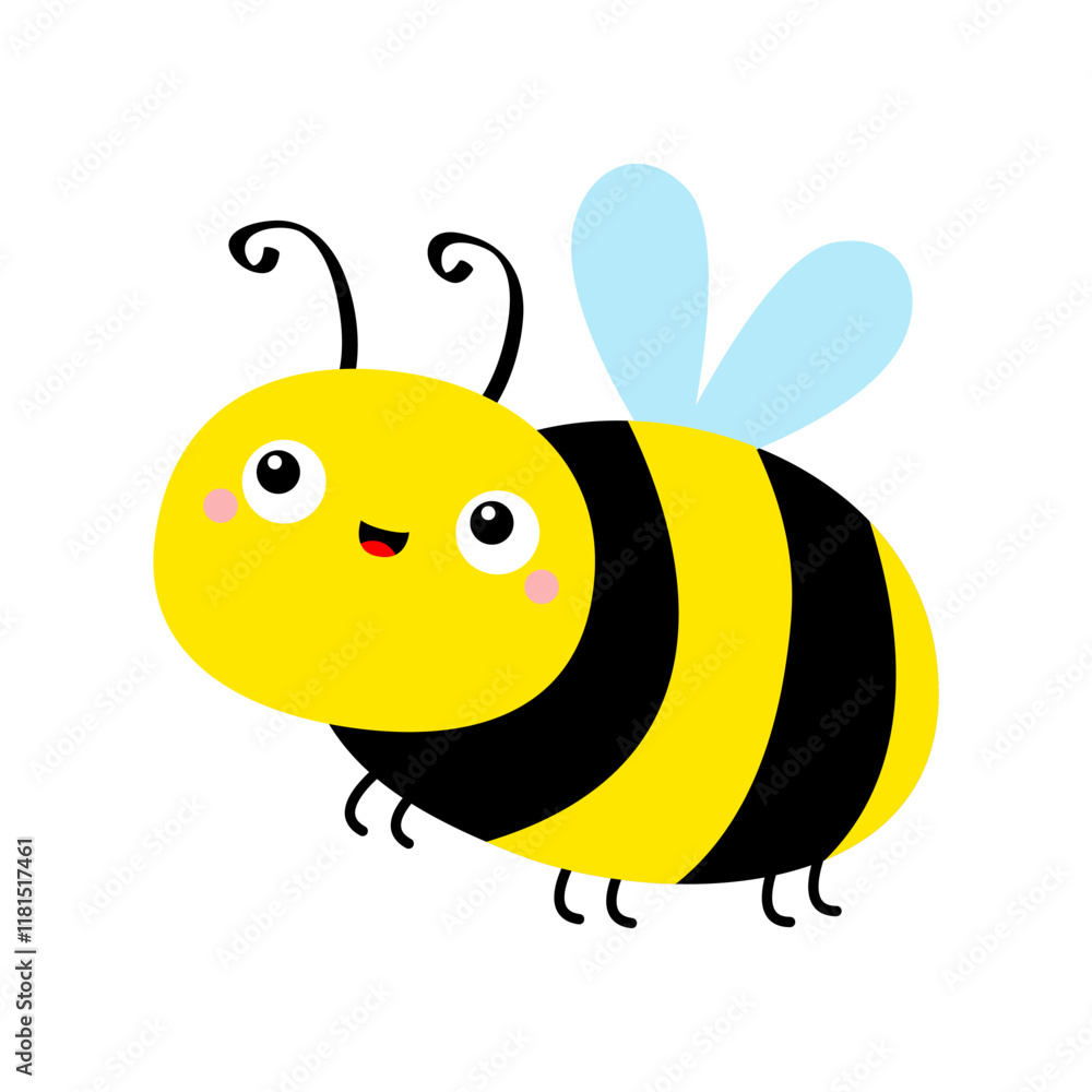 Obraz premium Bee honeybee bumblebee icon. Cute cartoon kawaii funny character. Yellow black flying insect. Happy Valentines Day. Card Sticker print. Childish style. Flat design. White background. Isolated. Vector