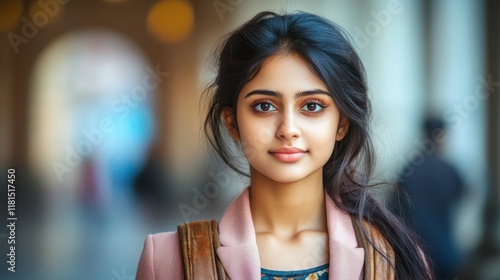 Wallpaper Mural A woman with long dark hair and brown eyes is wearing a pink jacket and a brown backpack. She is smiling and looking directly at the camera Torontodigital.ca