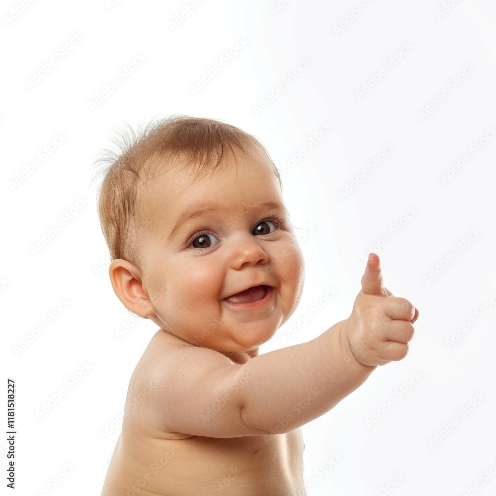Lovey baby pointing to choose and press white background Lovey baby pointing to choose and press white background