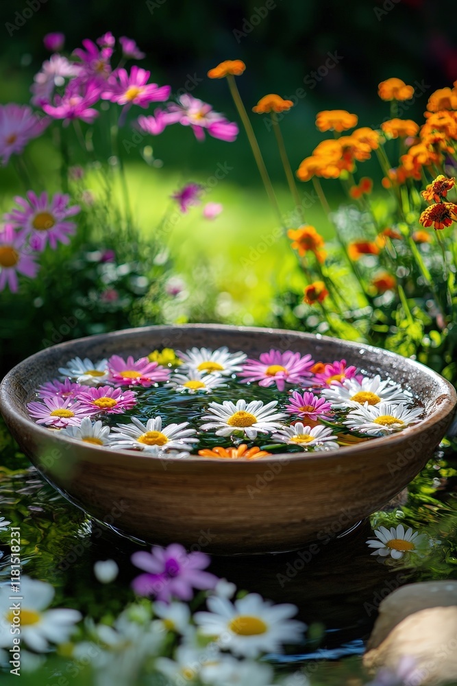 a bowl filled with water and floating flowers. beautiful atmosphere. a bowl filled with water and floating flowers. beautiful atmosphere.