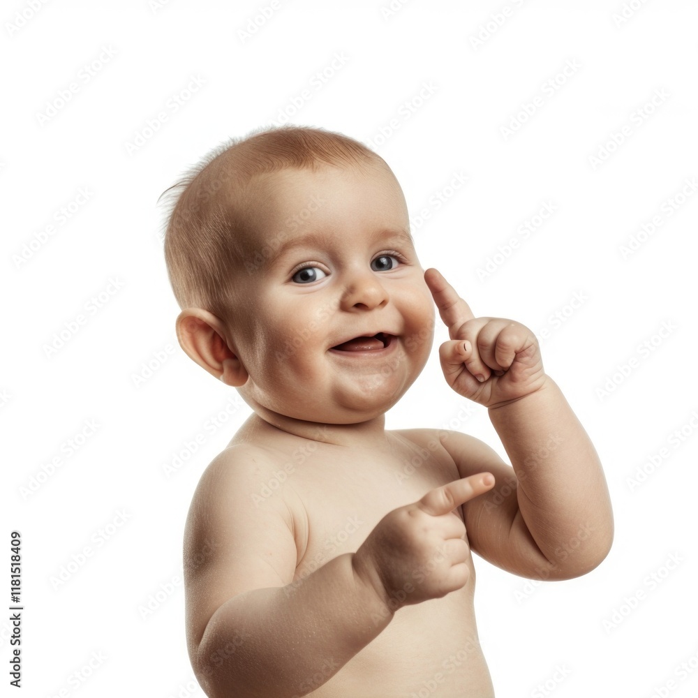 Lovey baby pointing to choose and press white background Lovey baby pointing to choose and press white background