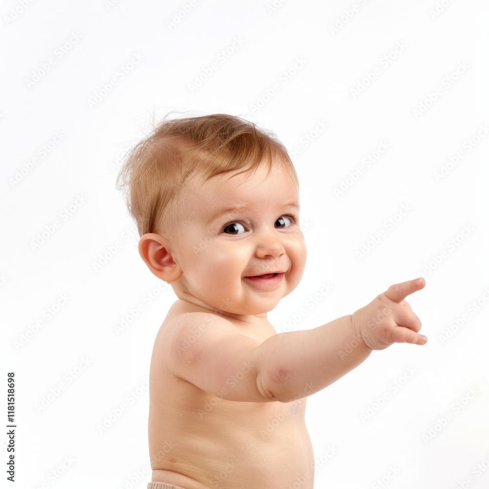 Lovey baby pointing to choose and press white background Lovey baby pointing to choose and press white background
