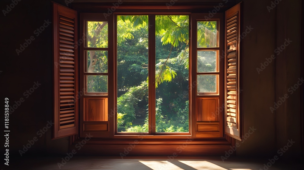 Fototapeta premium A large wooden window with open shutters, letting in soft natural light.