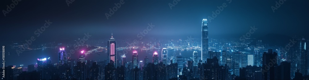 Fototapeta premium Majestic night view of city skyline illuminated in blue and pink lights