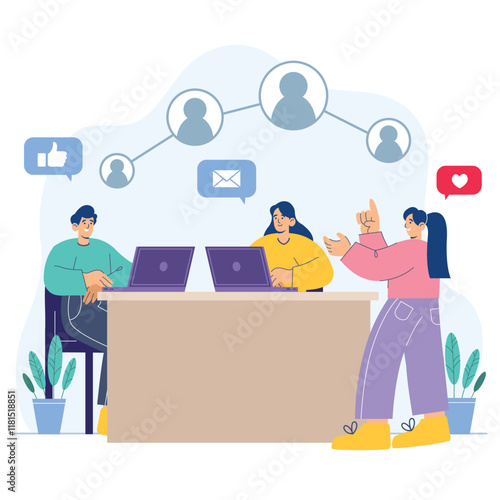 Connected teamwork illustration, emphasizing networking in social and professional spheres.